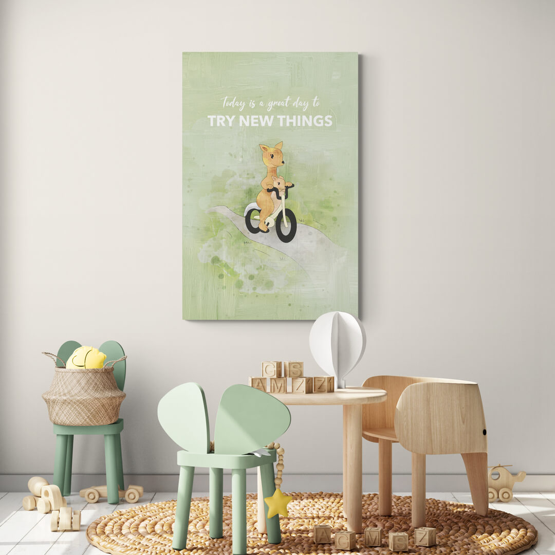 ”Try New Things“ Nursery Art canvas picture by Motivational Art